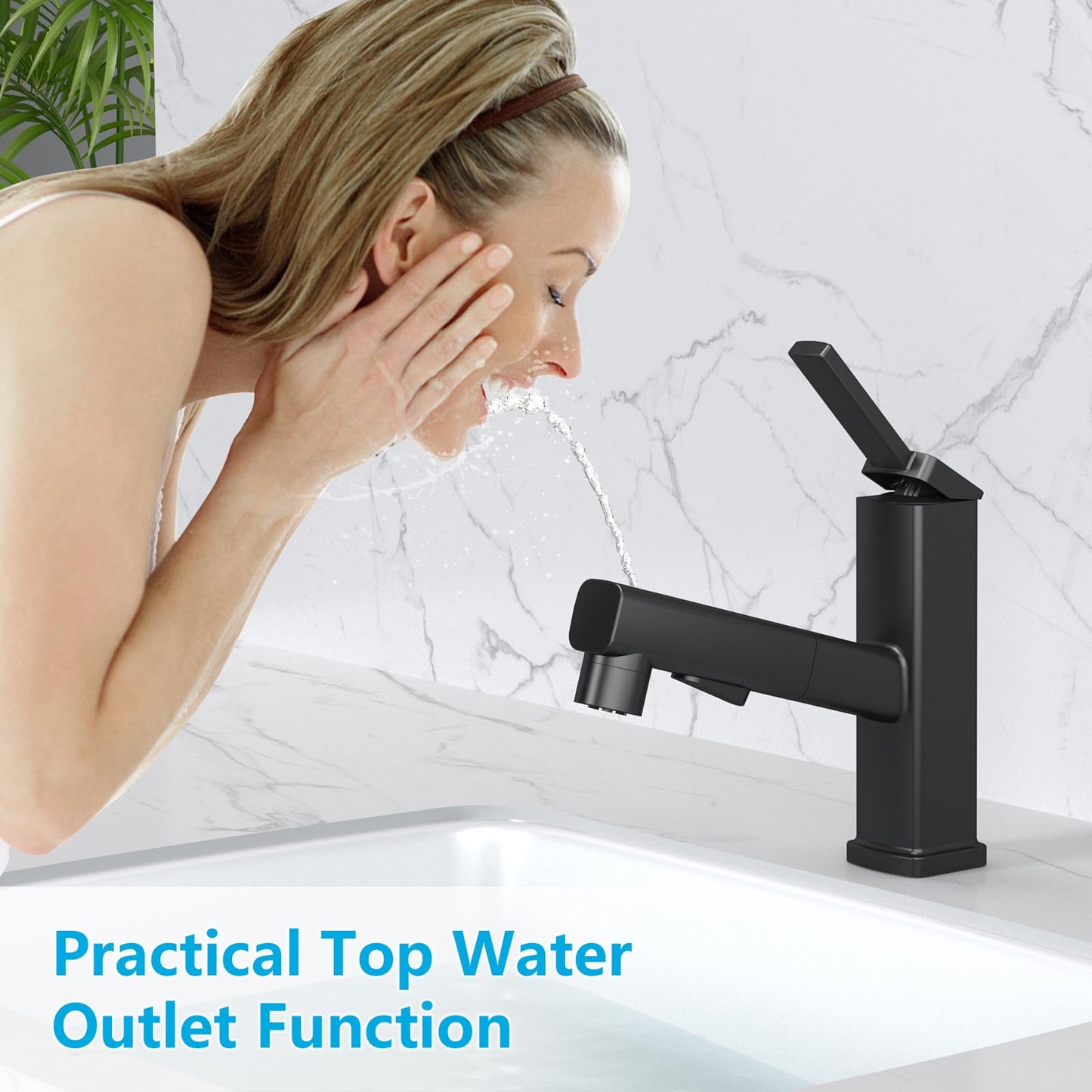 MIAOHUI Pull Out Single Hole Bathroom Faucet, 3 Spray Mode Single Handle Bathroom Faucets for Sink 1 Hole, Bathroom Sink Faucet with Pull Down Sprayer, Vanity Faucet with Fountain Mode, Matte Black