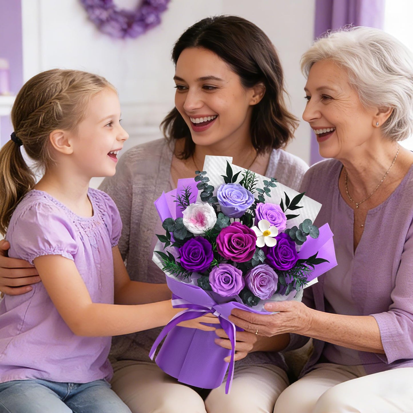 Forever Rose Flowers for Delivery, 8-Piece Preserved Roses Bouquet for Mothers Day Gifts, Long Lasting Purple Roses with Gift Box for Mom, Forever Flowers with Vase Birthday Gift for Her Wife