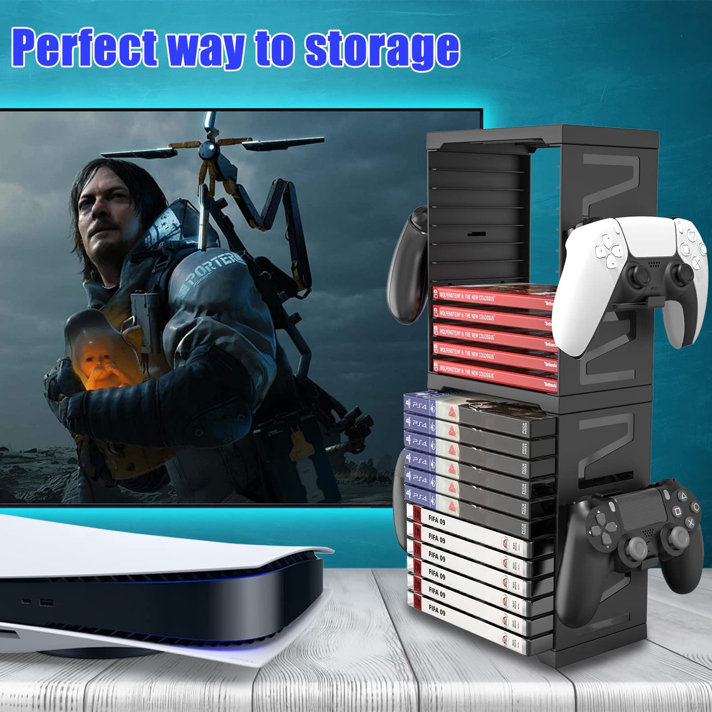SIKEMAY Game Storage Tower for PS5/PS4/Xbox Series S & X - Universal Video Game Disc Organizer with 24 PCS Holders, 4 Controller Slots & Stand Rack Accessories - Black