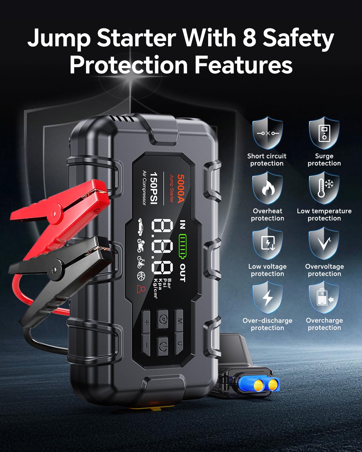 THEKUKU Jump Starter 5000A, Car Battery Jump Starter with Air Compressor for Up to 9.0L Gas and 8.0L Diesel Engine, 12V Jump Box with Display,PD 45W,LED Light, Jumper Cables, and Storage Case