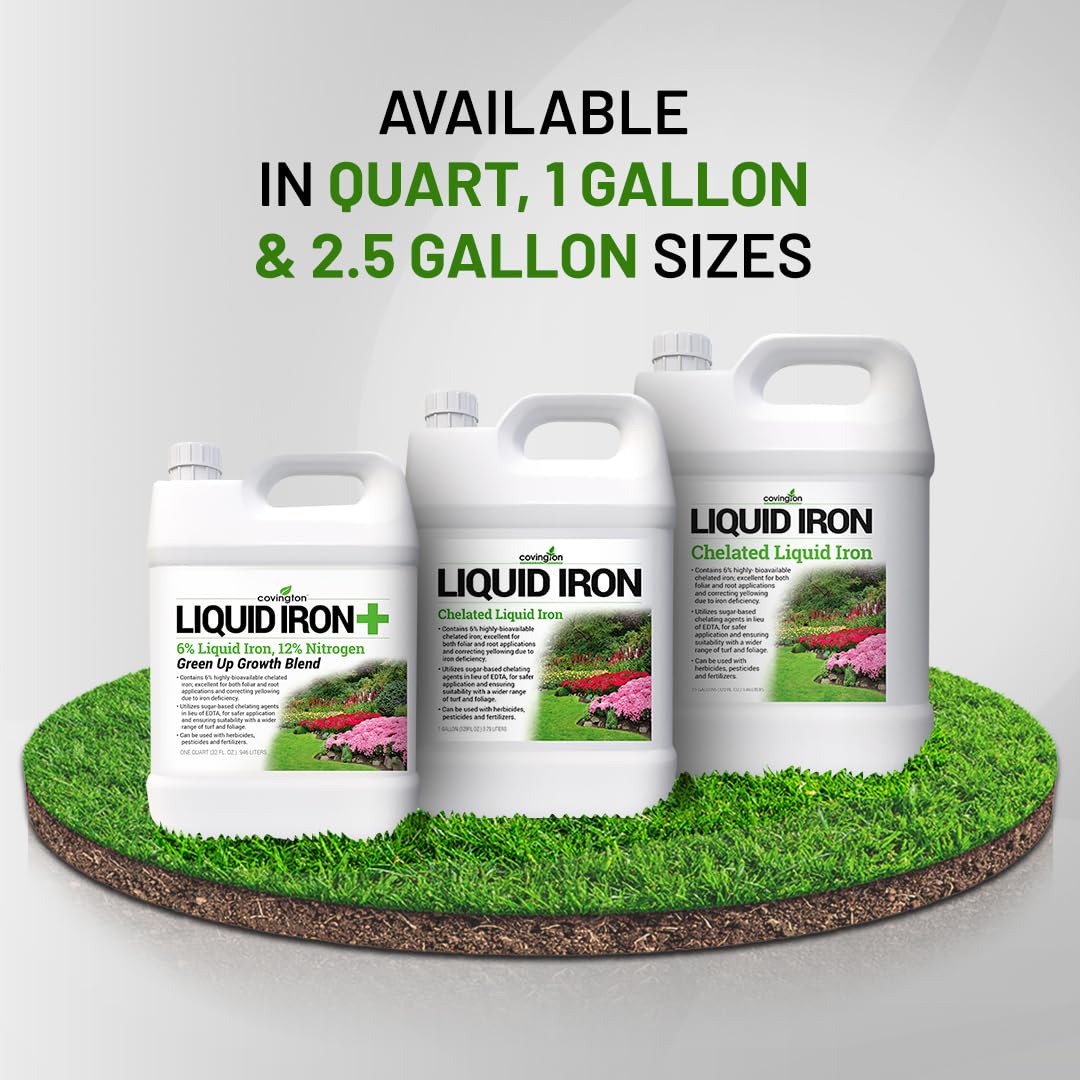Covington Chelated Liquid Iron +Plus Concentrate (1 Gal) – Lawn & Garden Liquid Iron & Nitrogen Supplement for Plants, Shrubs & Trees, Treats Deficiency, Discoloration, Stunted Growth & Root Stress