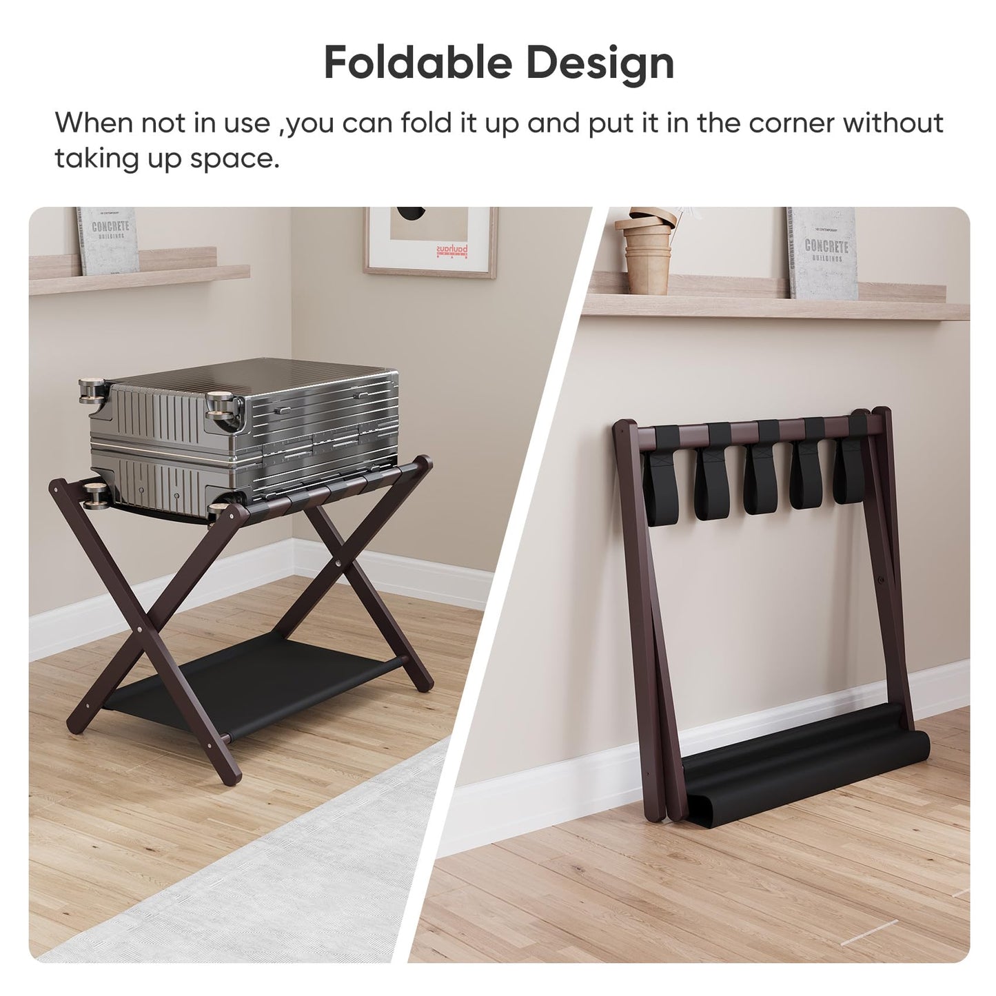 Smuxee Brown Bamboo Luggage Rack Pack of 2, Foldable Suitcase Stand with Storage Shelf, Easily Assembled Luggage Stand with 5 Nylon Straps for Guest Room Bedroom Hotel