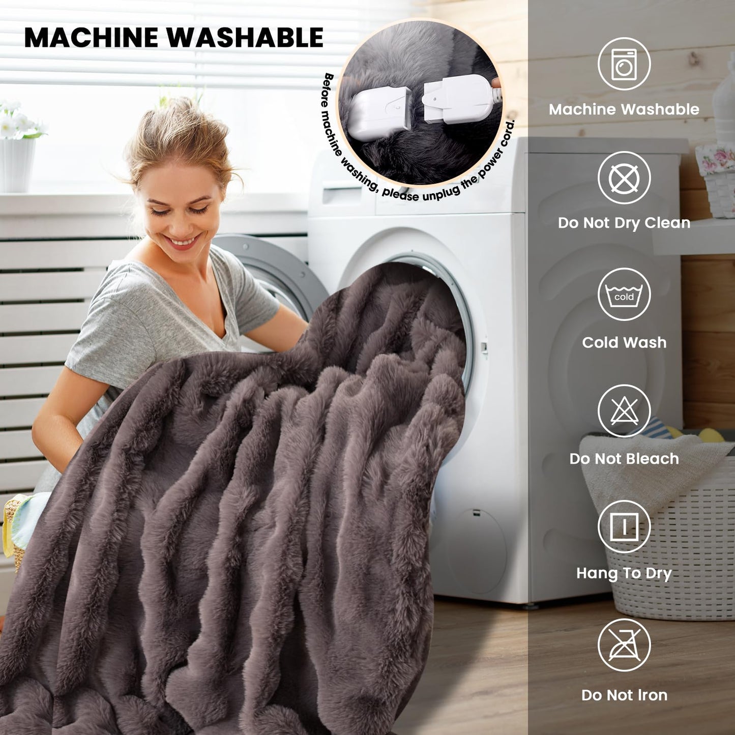 Fotgear Heated Blanket Electric Throw - Soft Cozy Faux Fur Bubble Electric Blankets with 6 Time Settings, 8 Heating Levels, Fast Heating & Overheat Protection, Machine Washable (59" x 79", Gray)