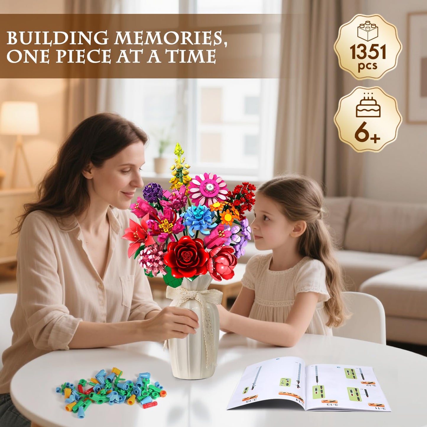 Linkowin Flower Bouquet Building Set,1316PCS Creative DIY Plant Bouquet Decoration,14 Artificial Flowers Botanical for Adults Women Girls Ages 6+,Idea Gifts for Mother's Day, Birthdays, No Vase