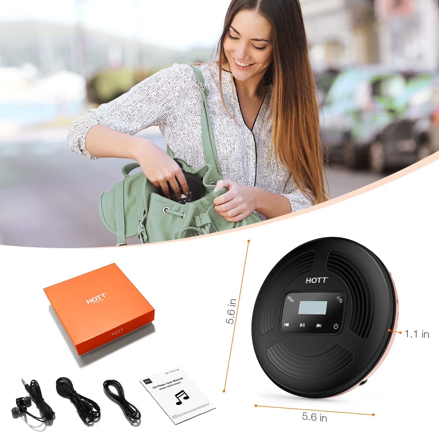 HOTT Portable CD Player with Bluetooth and FM Transmitter,Portable CD Walkman with Touch Buttons Backlight,Rechargeable Discman Player with AUX Cable,CD Player Shockproof for Car CD903TF
