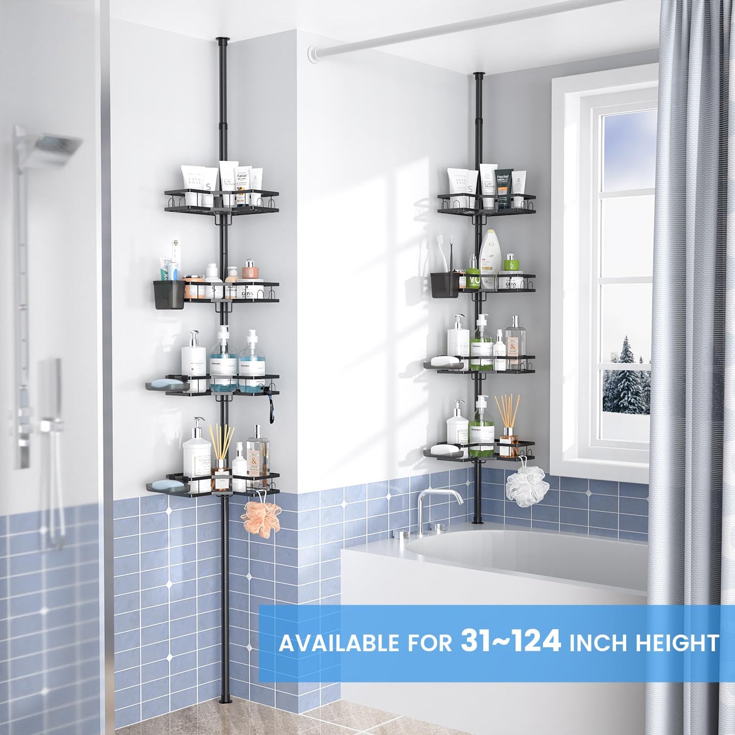 Corner Shower Caddy Tension Pole: 4-Tier Adjustable Rustproof Bathroom Organizer Shelves - No-Drill Bathtub Shampoo Rack Standing Shower Caddy for Renters, Apartment & Family Bathroom 31-124 inch
