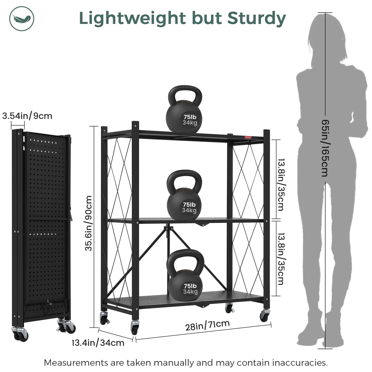 DEANIC 3 Tier Foldable Storage Shelves with Wheels, Kitchen Appliance Stand, Freestanding Metal Wire Shelf Rack, No Assembly Organizer Rolling Cart for Garage, Basement, Pantry(Black)