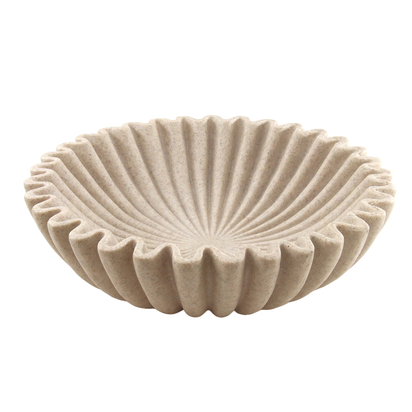Plukers 10'' Scalloped Decorative Key Bowl for Entryway Coffee Table - Catchall Trinket Large Candy Fruit Purse Holder Kitchen Countertop Console Modern Home Decor, Artificial Stone Beige