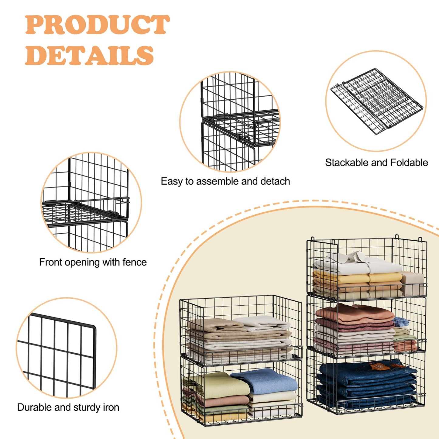 Yociyoga 5-Tier Stackable Closet Organizers and Storage Shelves, Closet Shelf Organizer Basket Bins, Foldable Sweater Storage for Closet Organizer System, Black(Patent 30022416)