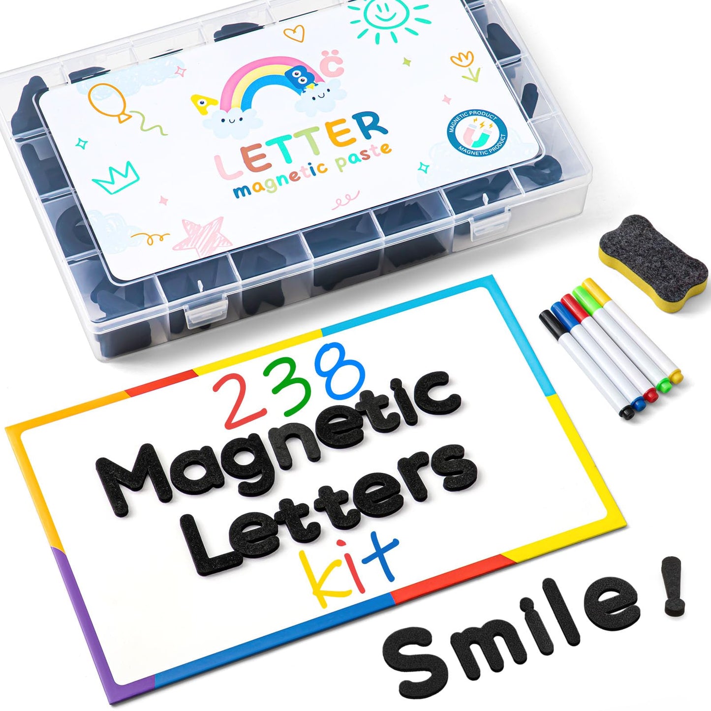 MotiMind 246 Pcs Soft Foam Magnetic Alphabet Letters Kit EVA Alphabet Learning Toys with Whiteboard and Pens Fridge Magnets for Preschool Kids Toddler Spelling and Learning (Boho Color)