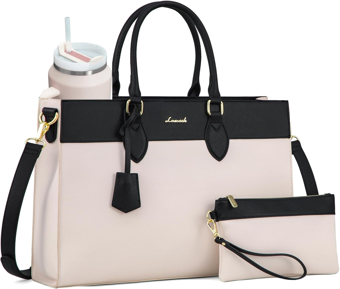 LOVEVOOK Laptop Bag for Women, Waterproof Leather Laptop Tote Bag, Large Professional Work Bag Purse & Business Computer Briefcase for Office, Teacher, Gifts, Beige & Black Two-tone