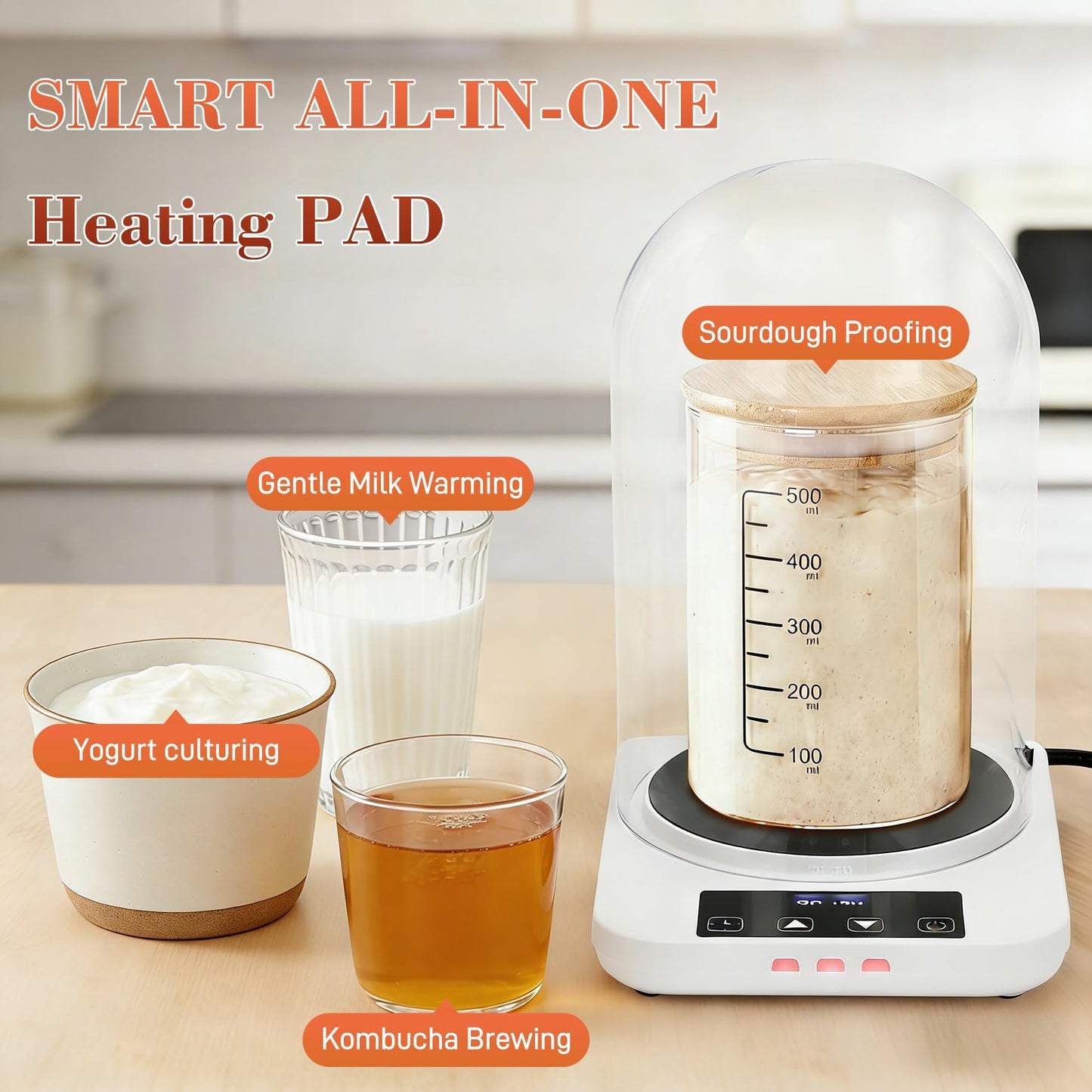 Sourdough Starter Warmer with Glass Dome, Precise 1°F Thermostat Control (70-100°F), Sourdough Warmer and Dome for Home Baking,24h Timer Auto Warming On/Off Sourdough Warming Mat（White）
