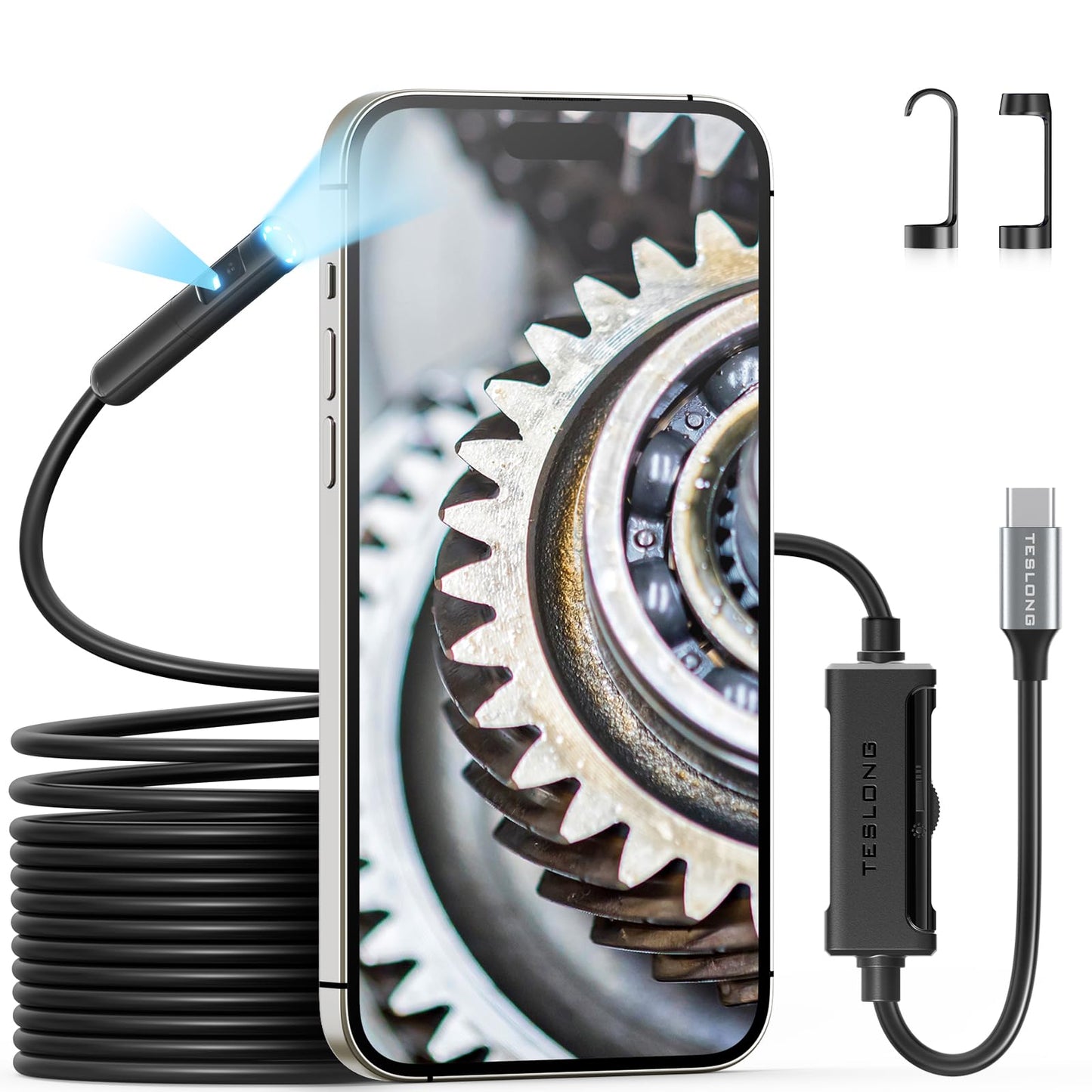 Dual Lens Endoscope with Light, Teslong USB-C Borescope Inspection Camera with 8+1 LED Light, Flexible Waterproof Fiber Optic Camera Snake Scope Compatible with iPhone 15, Android Phone(16.5FT)