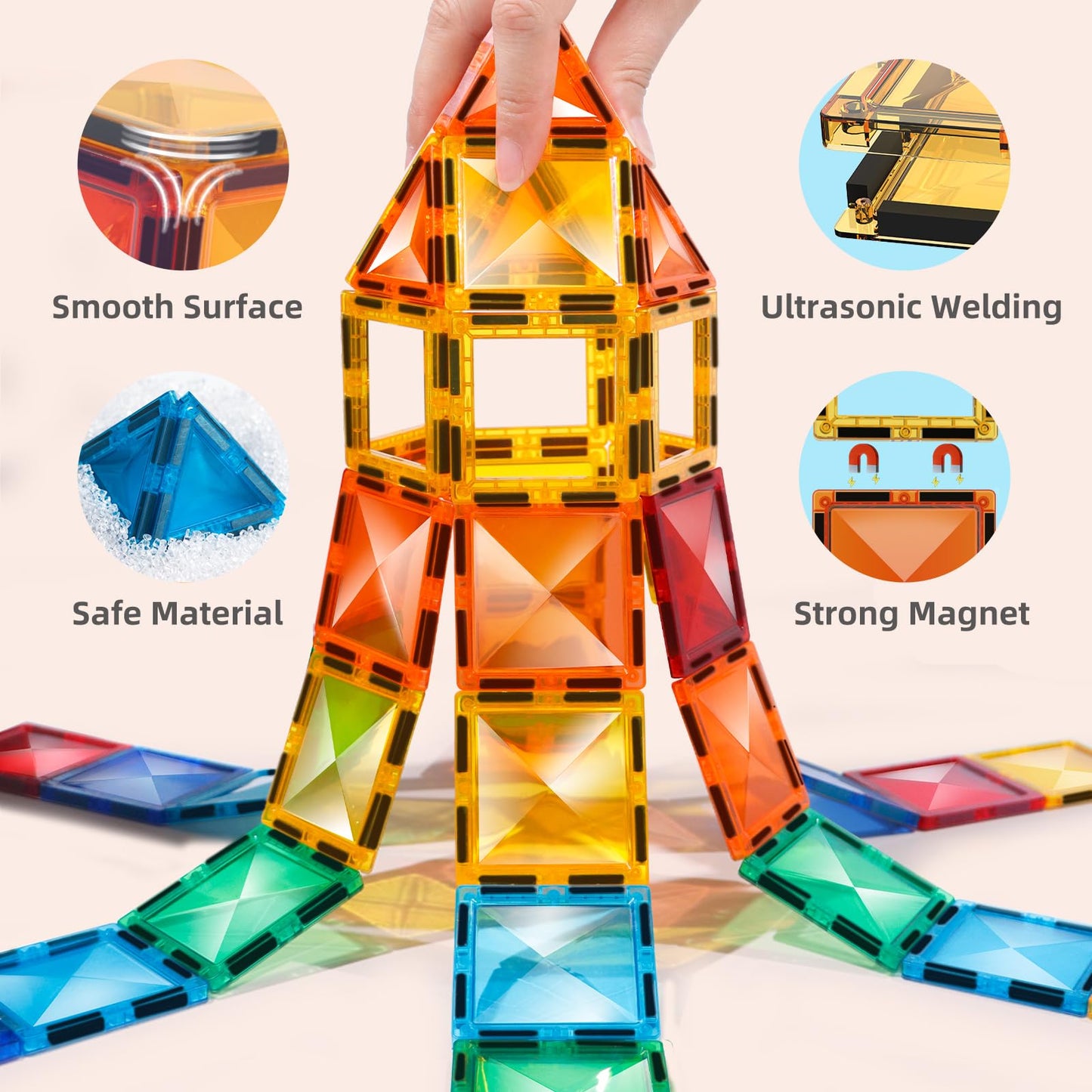 TOKBLOK Clear Diamond Magnetic Tiles – 64-Piece STEM Learning Building Blocks for Kids Ages 3-8 | Educational Montessori Toy for Toddlers, Boys & Girls (Starter Set)