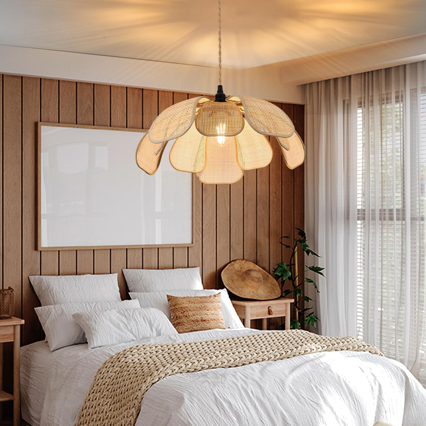 Haolaike Boho Plug in Chandeliers Rattan Hanging Lights Flower Pendant Light with On/Off Switch 15ft Hemp Rope Cord Handwoven Lampshade Bedroom Flower Hanging Lamp Fixture for Dining Room Living Room