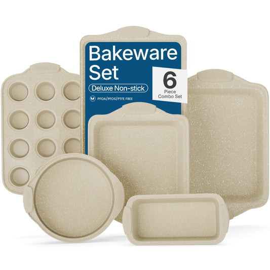 BAKKENMASTER 6-Piece Deluxe Nonstick Baking Pan Set - Professional Grade Carbon Steel Bakeware with White Marble Coating & Silicone Handles