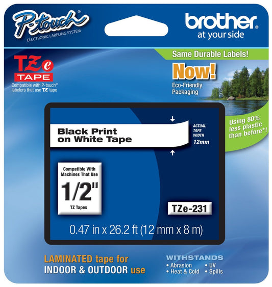 Brother P-Touch 4 Pack 1/2 in. (0.47 in.) Black on White Standard Laminated Tape, 26.2 ft. (8 m)