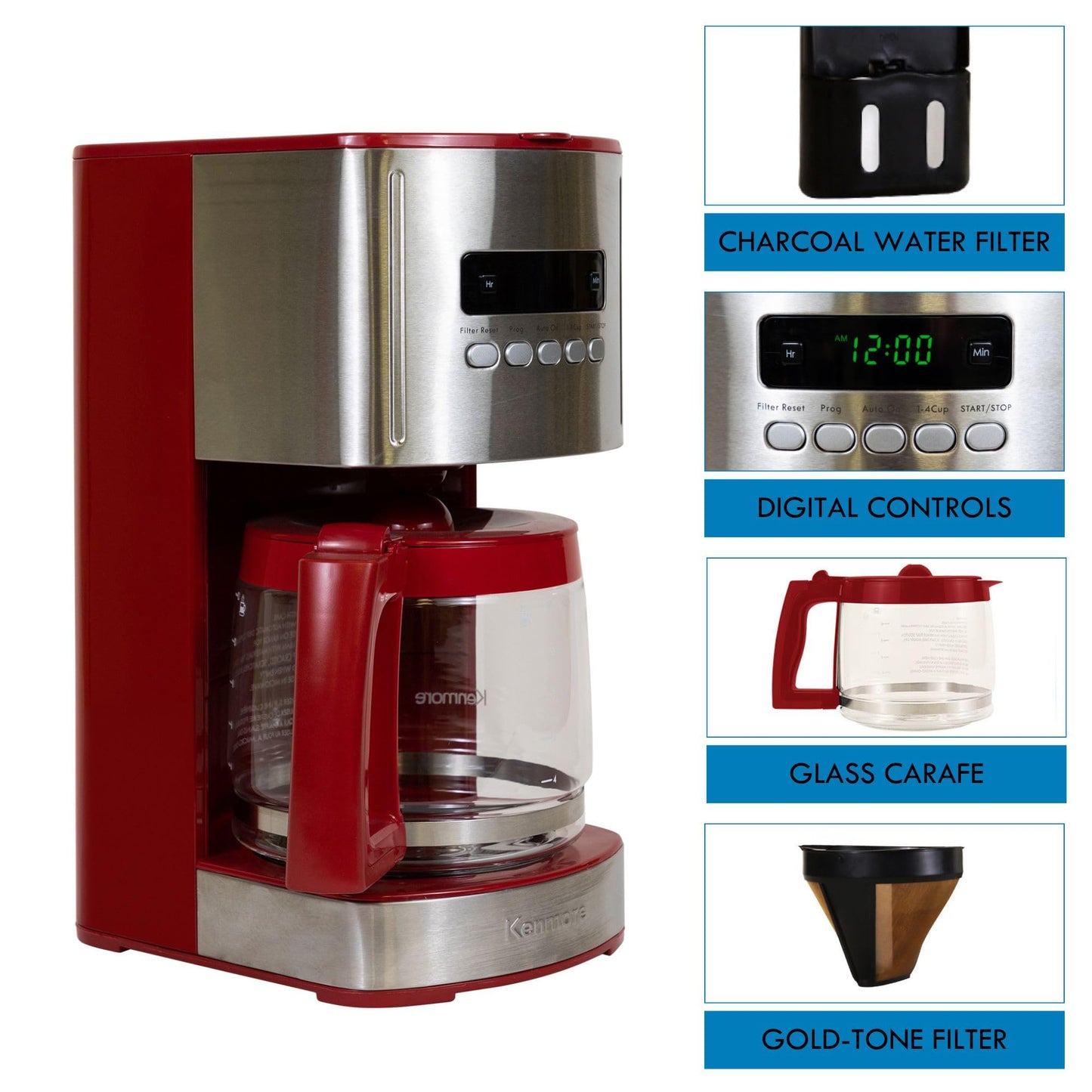 Kenmore Drip Coffee Maker - 12 Cup Programmable Cafe Machine With Glass Pot, Regular & Bold Brew, Auto Shut Off Large Water Reservoir, Reusable Filter, Kitchen Appliances For Cafeteria Barista, Red