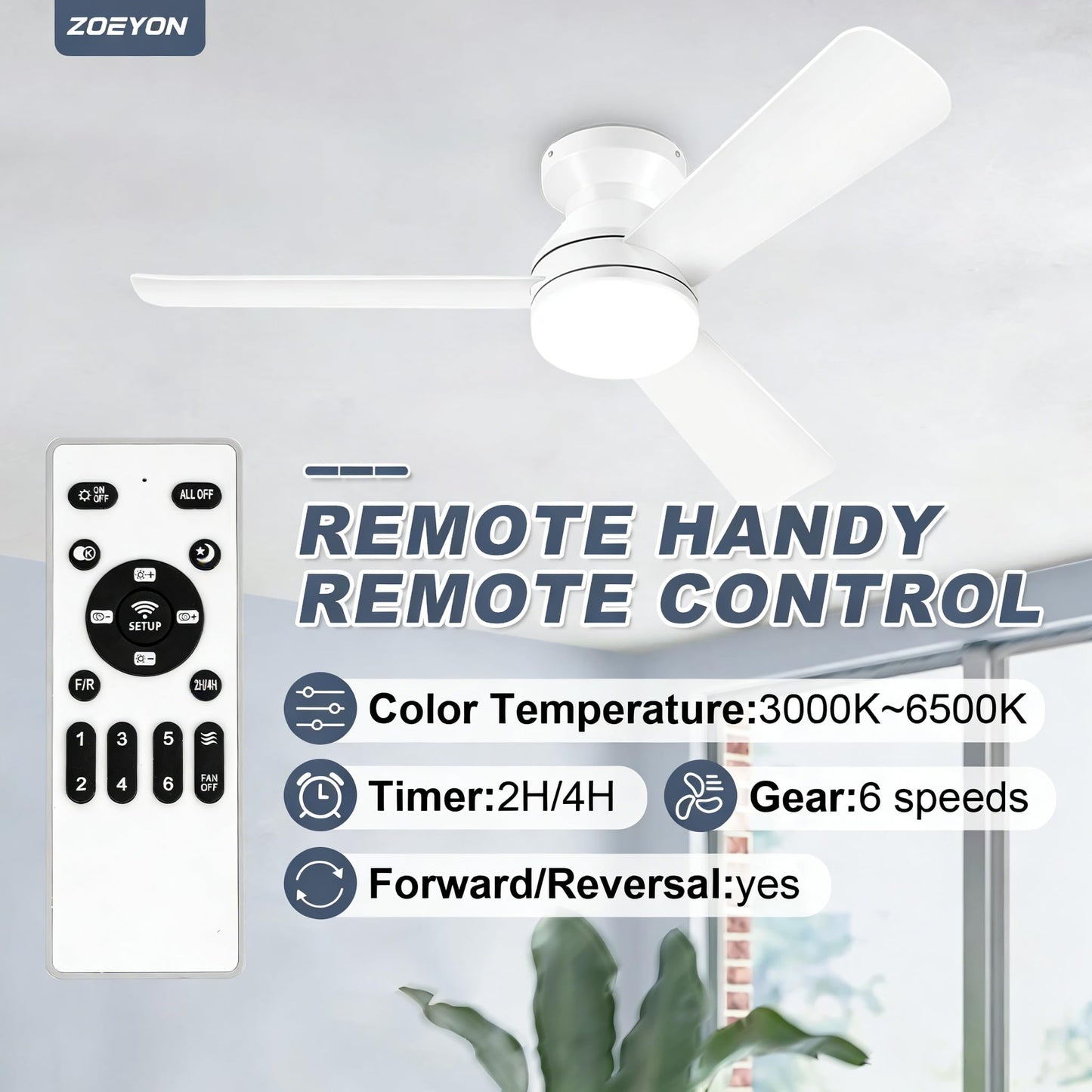 ZOEYON Ceiling Fans with Lights - 42 Inch Low Profile Ceiling Fan with Light and Remote Control, Reversible, 3CCT Dimmable, Noiseless, White Small Flush Mount Ceiling Fan for Bedroom Indoor/Outdoor