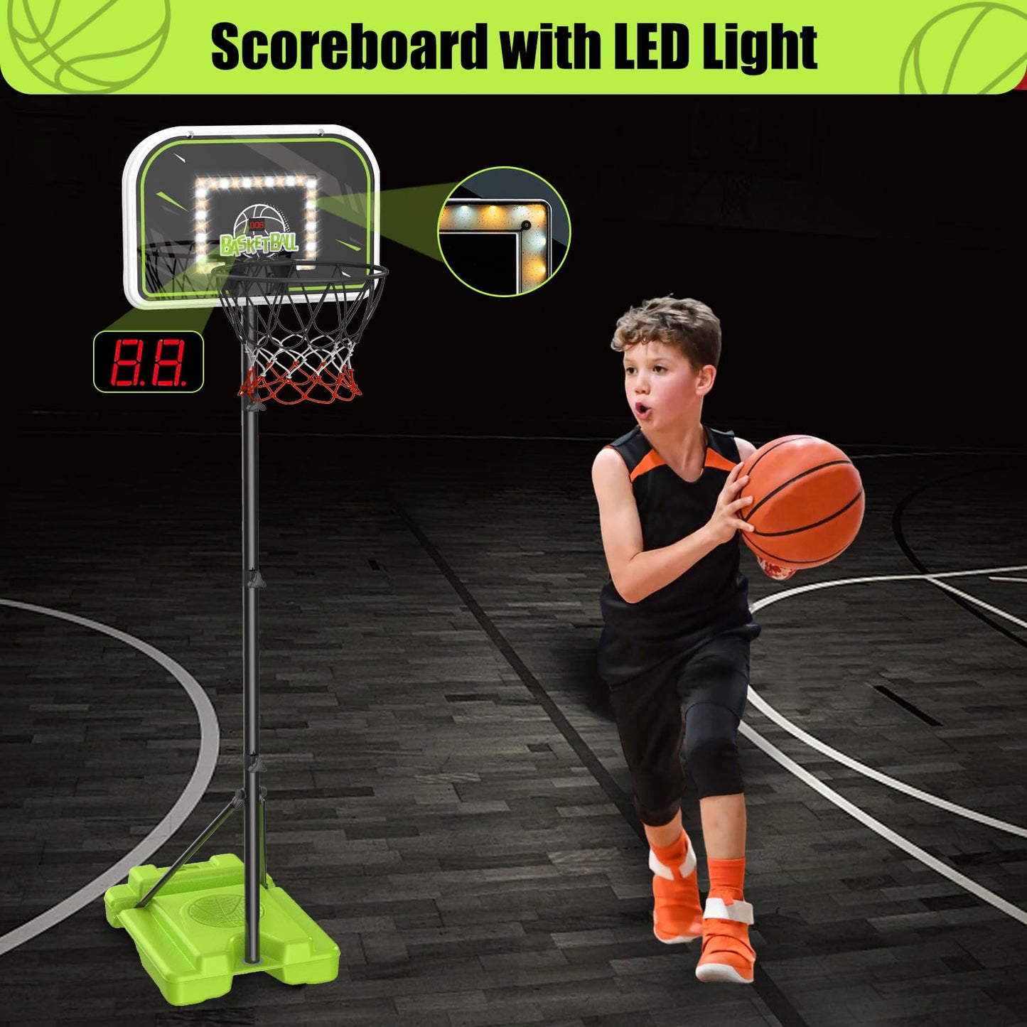 4 in 1 Kids Basketball Hoop and Tball Set for Kids 3-5, Adjustable Height Toddler Basketball Hoop, Hanging Tee Baseball with Automatic Pitching Toddler Birthday Gift Outdoor Toys for 3-12 Years Old