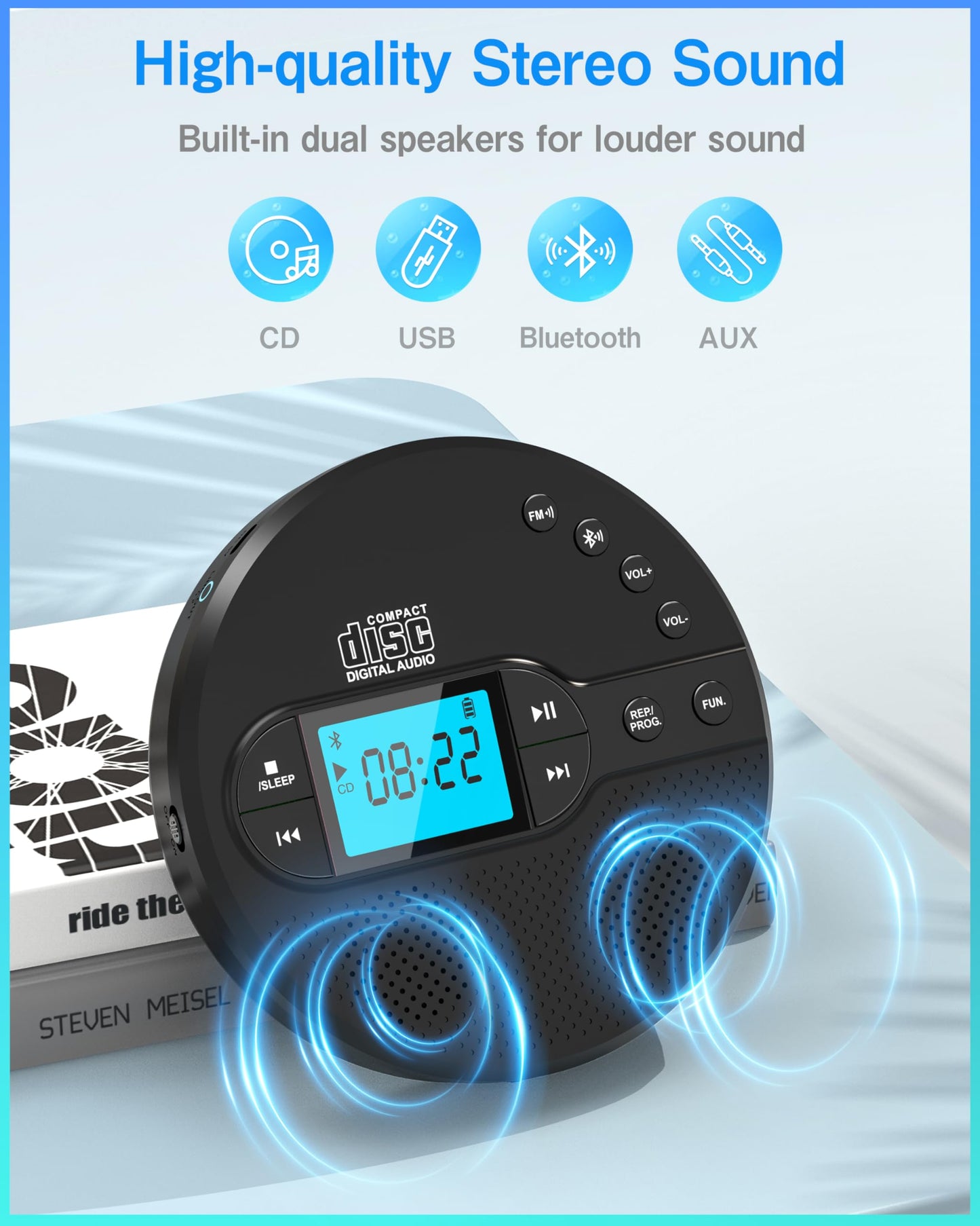 Sunoony Portable CD Player with Bluetooth, Walkman CD Player with FM Transmitter and Speakers for Car, Rechargeable Discman CD Player with Anti-Skip Protection, Headphones, LCD Display (Black)