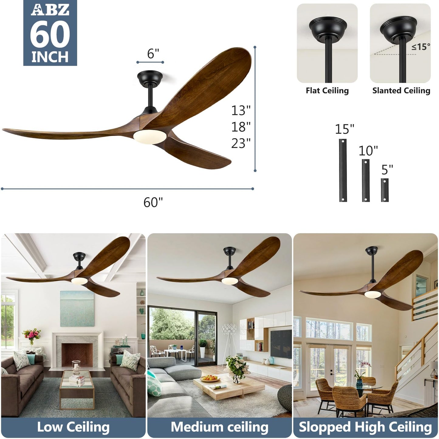 ABZ 60 Inch Ceiling Fans with Lights, Solid Wood Propeller Ceiling Fans with Lights and Remote Control Outdoor Ceiling Fan for Patios Propeller 3 Blades for Indoor Living Room, Walnut Wood