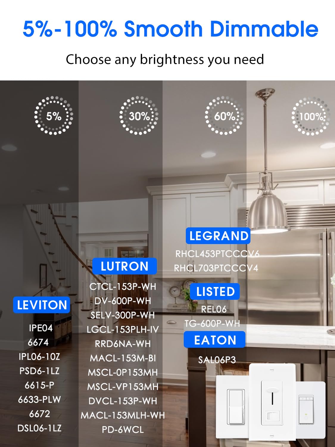 12 Pack 5/6 Inch 5CCT LED Recessed Light Retrofit, 2700K/3000K/4000K/5000K/6500K Selectable Downlight, Dimmable Can Lights with Metal Baffle Trim, CRI 90, 10.5W=85W, E26 Base, IC & Wet Rated, ETL&FCC