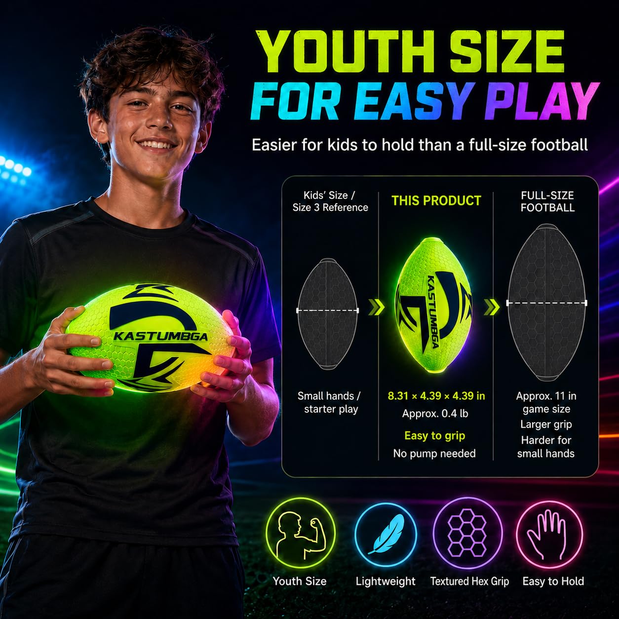 Rechargeable Light Up Football for Kids, Glow in The Dark Football with 7 RGB LED Modes, 8.3-Inch Soft Foam Youth Size for Backyard Night Play, Sports Gifts for Boys 8-12 and 10 Year Old Boys