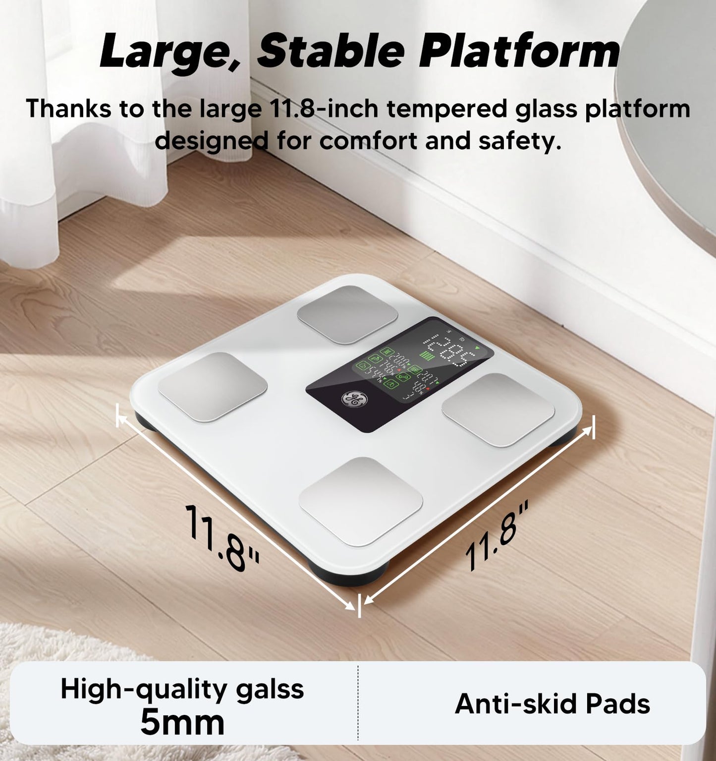 GE Smart Body Weight Scale, with 8-in-1 Display for BMI Body Fat Muscle Mass, Digital Bathroom Bluetooth Scale, 14 Composition Analyzer for Health Monitoring, 11.8", Accurate 400lb Weighing, White