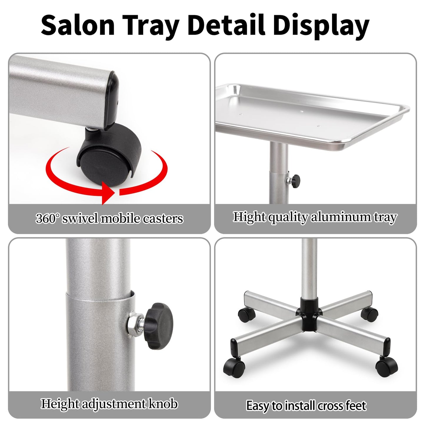 Salon Señor Salon Tray Cart,Aluminum Instrument Tattoo Trolley Tray with Wheels Adjustable Height,Height Adjustble Hair Color Storage Tray Cart