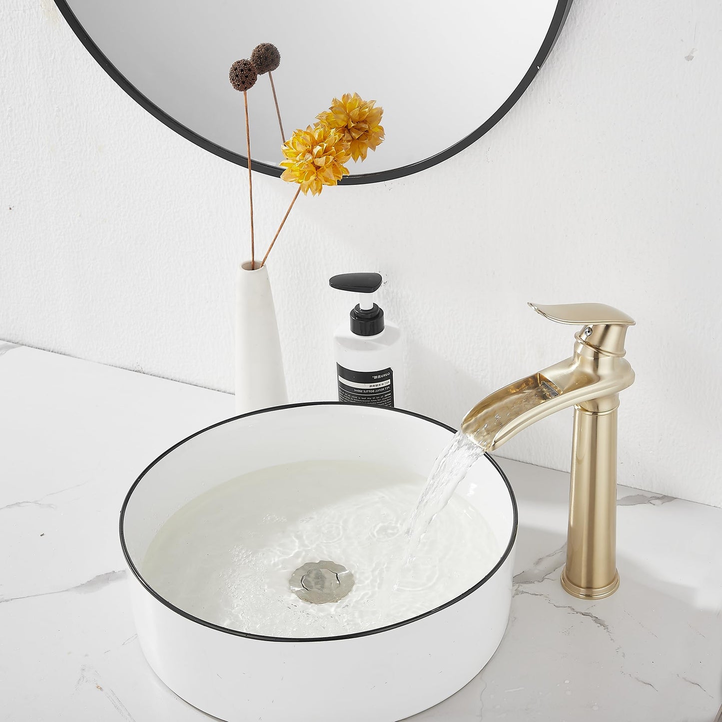 Brushed Gold Bathroom Faucet GGStudy Single Handle 1 Hole Farmhouse Waterfall Bathroom Vessel Sink Faucet Matching with Pop Up Drain