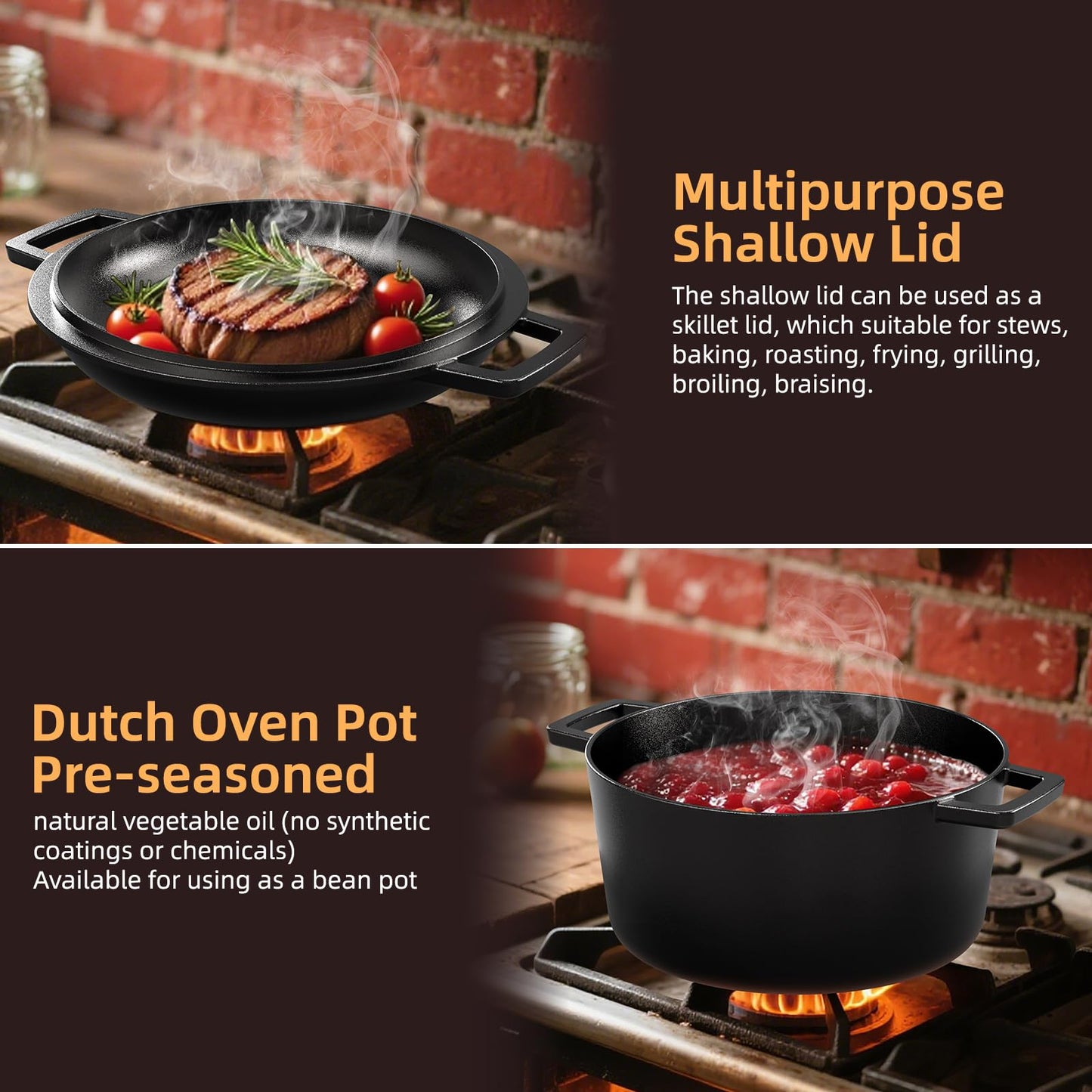2-in-1 Pre-Seasoned Cast Iron Double Dutch Oven Pot with Skillet Lid & Silicone Sleeves – Raised Rib Skillet Lid– Umite Chef 7QT Cast Iron Skillet Cookware Pan Set wirh Dual Handles – Oven, Grill, Campfire & Stovetop Safe –PFAS-Free