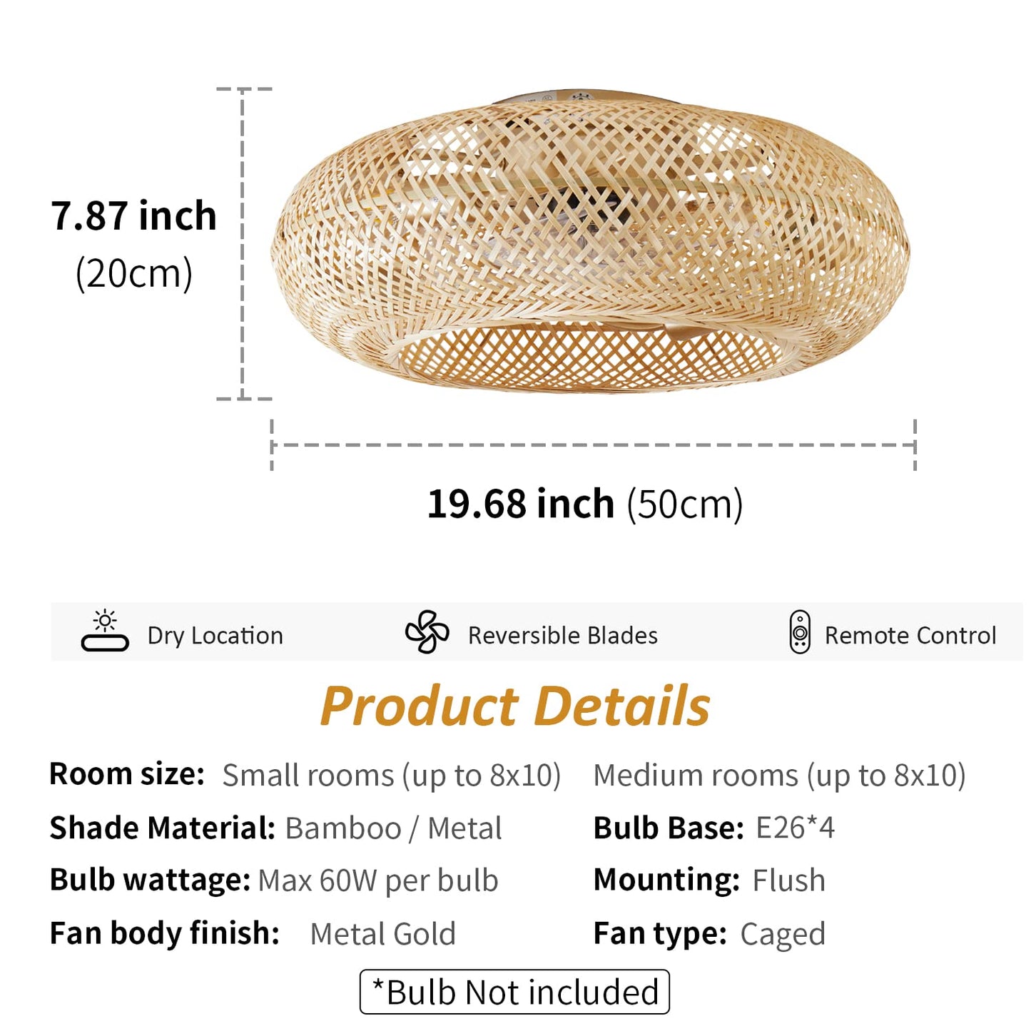 20" Boho Ceiling Fans with Lights and Remote Control,Rattan Caged Flush Mount Ceiling Fan with Light, Enclosed Timing 6 Speeds Reversible for Living Room Bedroom Dining Room