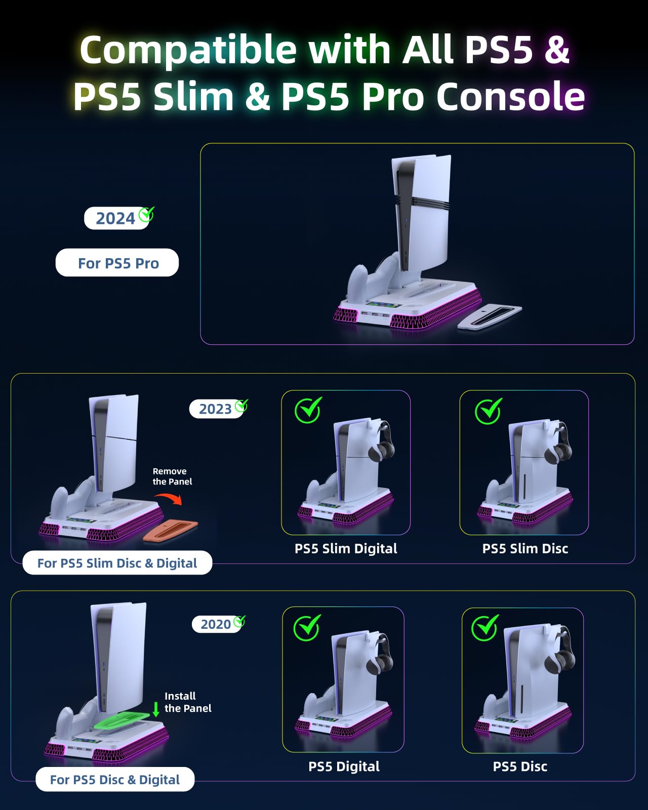Lictin PS5 / PS5 Pro / PS5 Slim Stand and Cooling Station, Controller Charging Station for PlayStation 5 Console, PS5 Stand Controller Charger for Disc & Digital with Cooling Fan