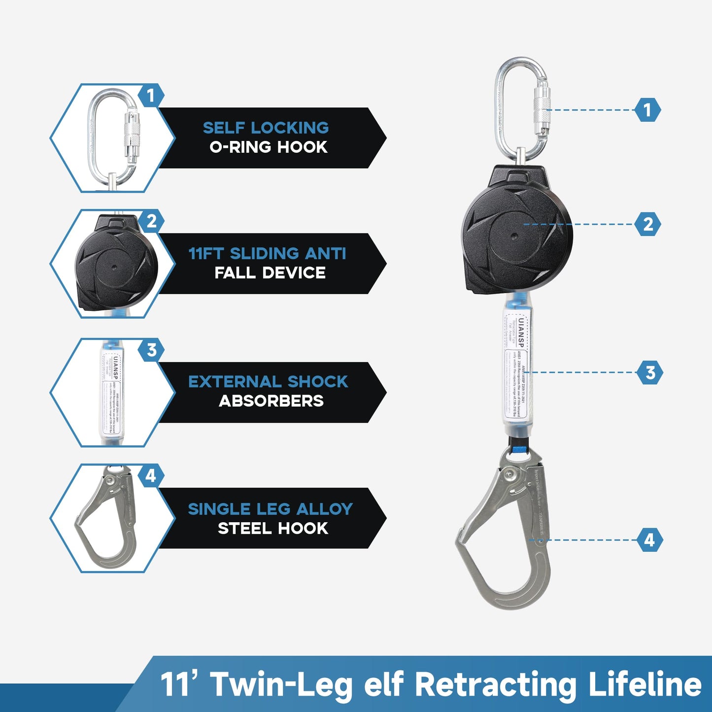 11FT Self Retracting Lifeline Fall Protection Retractable Safety Lanyard Rectracting Lifeline Personal Fall Arrest Protection ANSI Self Retractable Gear for Roofing Construction(Big Hook)