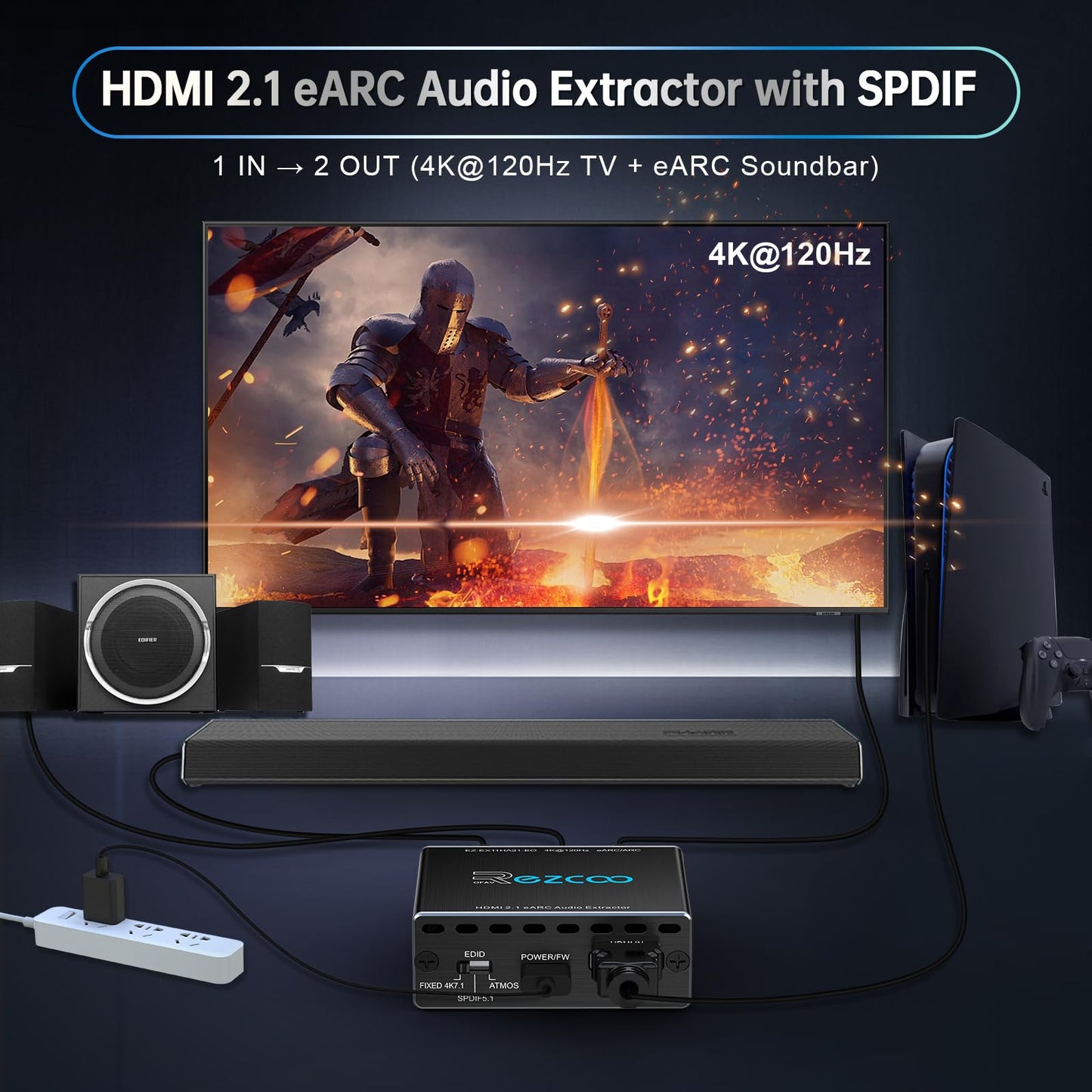 4K@120Hz HDMI 2.1 eARC Audio Extractor 1 in 1 Out Support VRR ALLM HDCP2.3 ARC eARC HDR CEC SPDlF Optical Audio Out Digital EDID for PS5 Xbox NVIDIA AMD