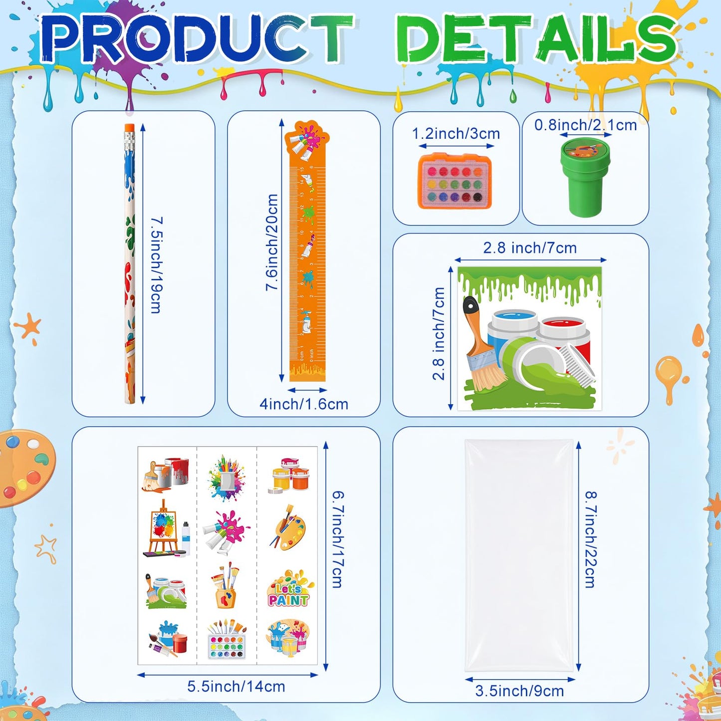 Pajean 168 Pcs Art Paint Party Favors Decorations – 24 Set Art Mini Notebooks Notepads, Pencils, Stamps, Large Stickers Stationery Paint Splatter Birthday Party Favors Supplies Artist Goodie Bag Gift