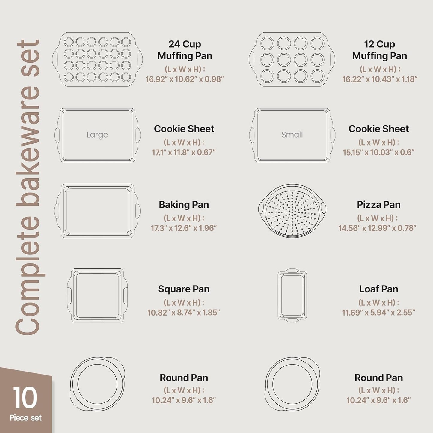 BAKKEN Kitchen Oven Baking Pans - Nonstick Gray Coating, Carbon Steel Bakeware Set with White Silicone Handles, Commercial Restaurant Quality Pans, PFOA, PFOS, PTFE Free, Oven Safe (450° F), Set of 10