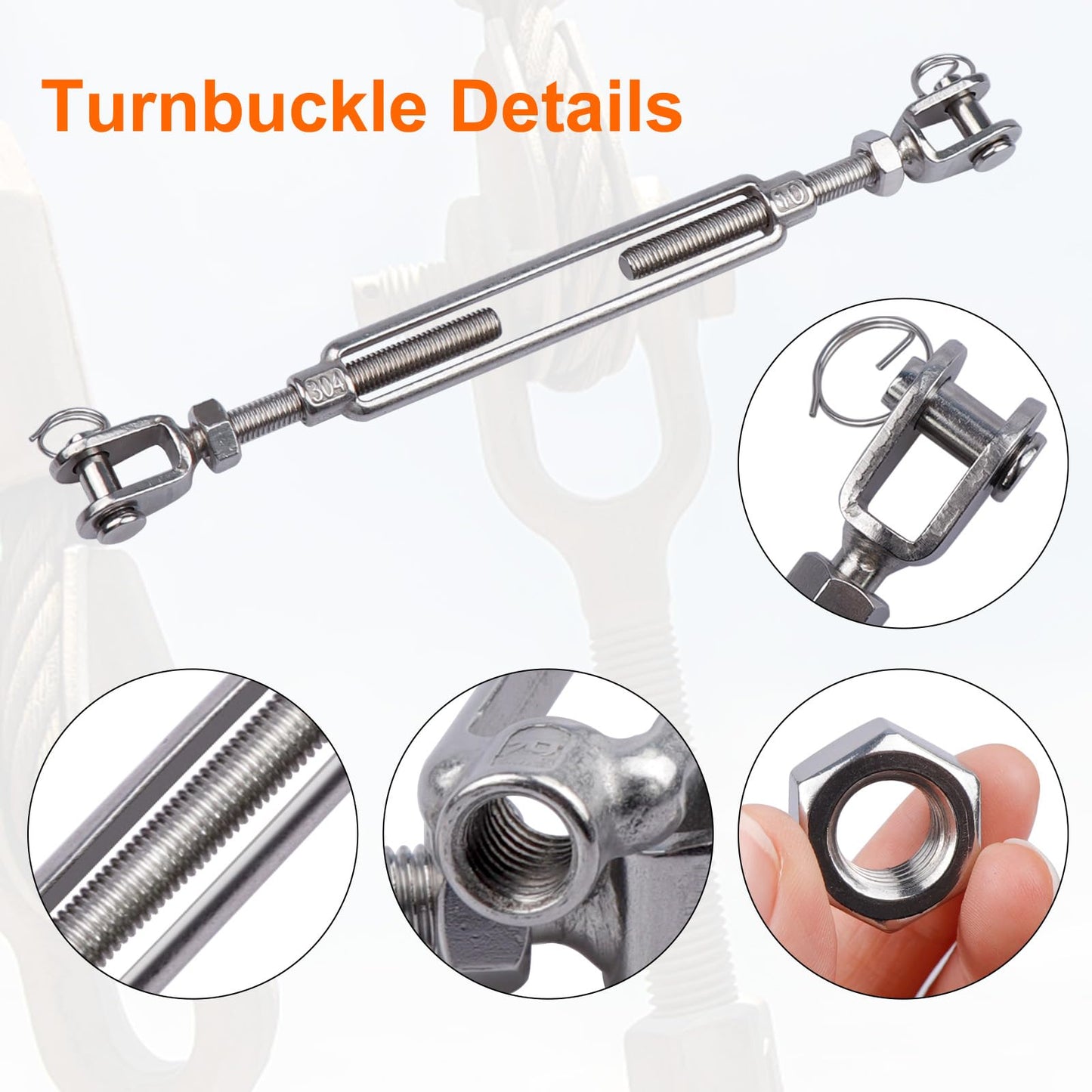 LordHardware 4Pcs Stainless Steel 3/8 Inch M10 Jaw and Jaw Turnbuckles for Tensioning Cable Rope Chain, 1200 lbs Load