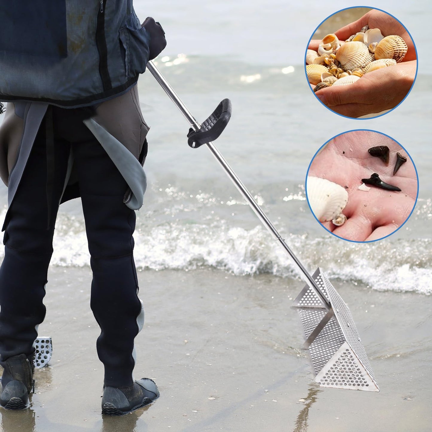 AshKiz Sand Flea Rake, Detachable Sand Flea Rake, The Shark Tooth Screen Comes with A 16-Inch-Wide Drain Screen with A 51-Inch Handle(Water Bucket not Included)