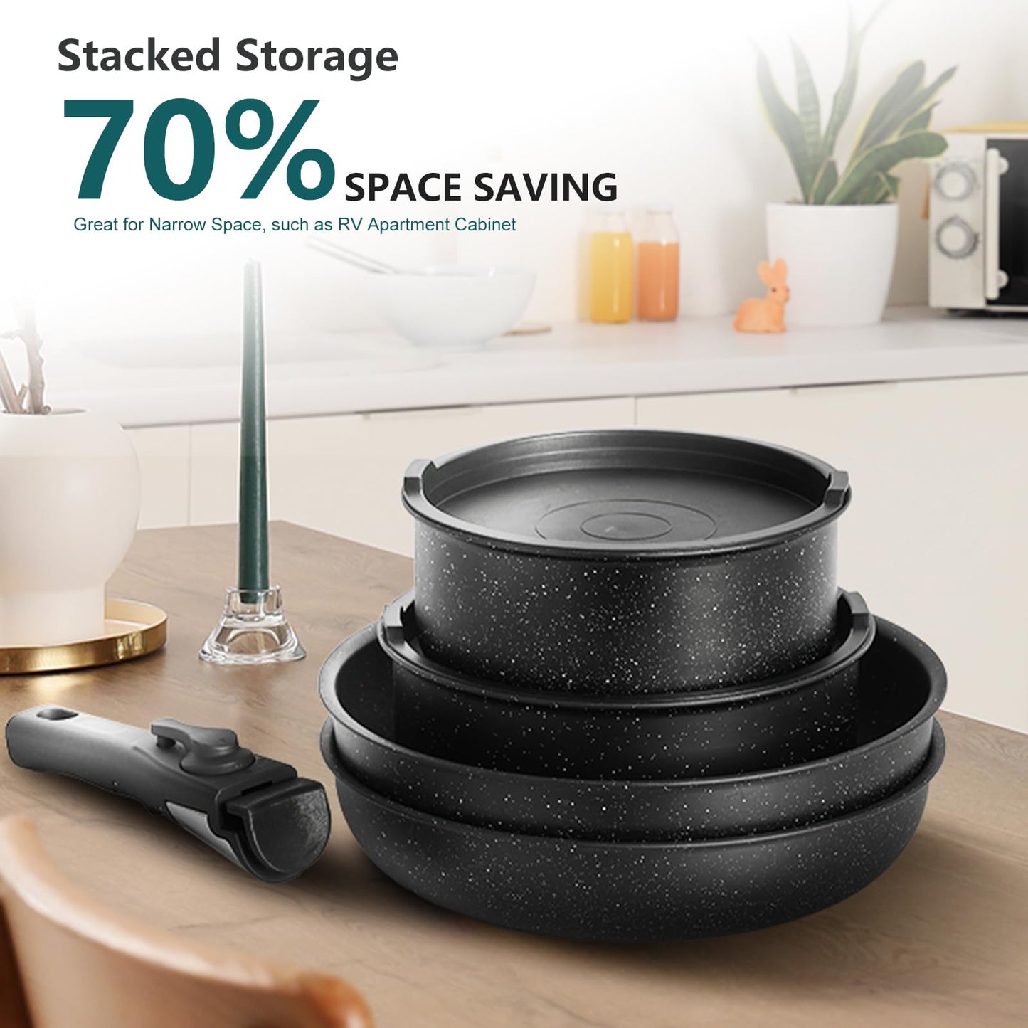 NEWBULIG 12-Piece Nonstick Cookware Set, Detachable Handle Pots and Pans, Induction Compatible Cookware, Dishwasher & Oven Safe, Space-Saving Kitchen Set, Black