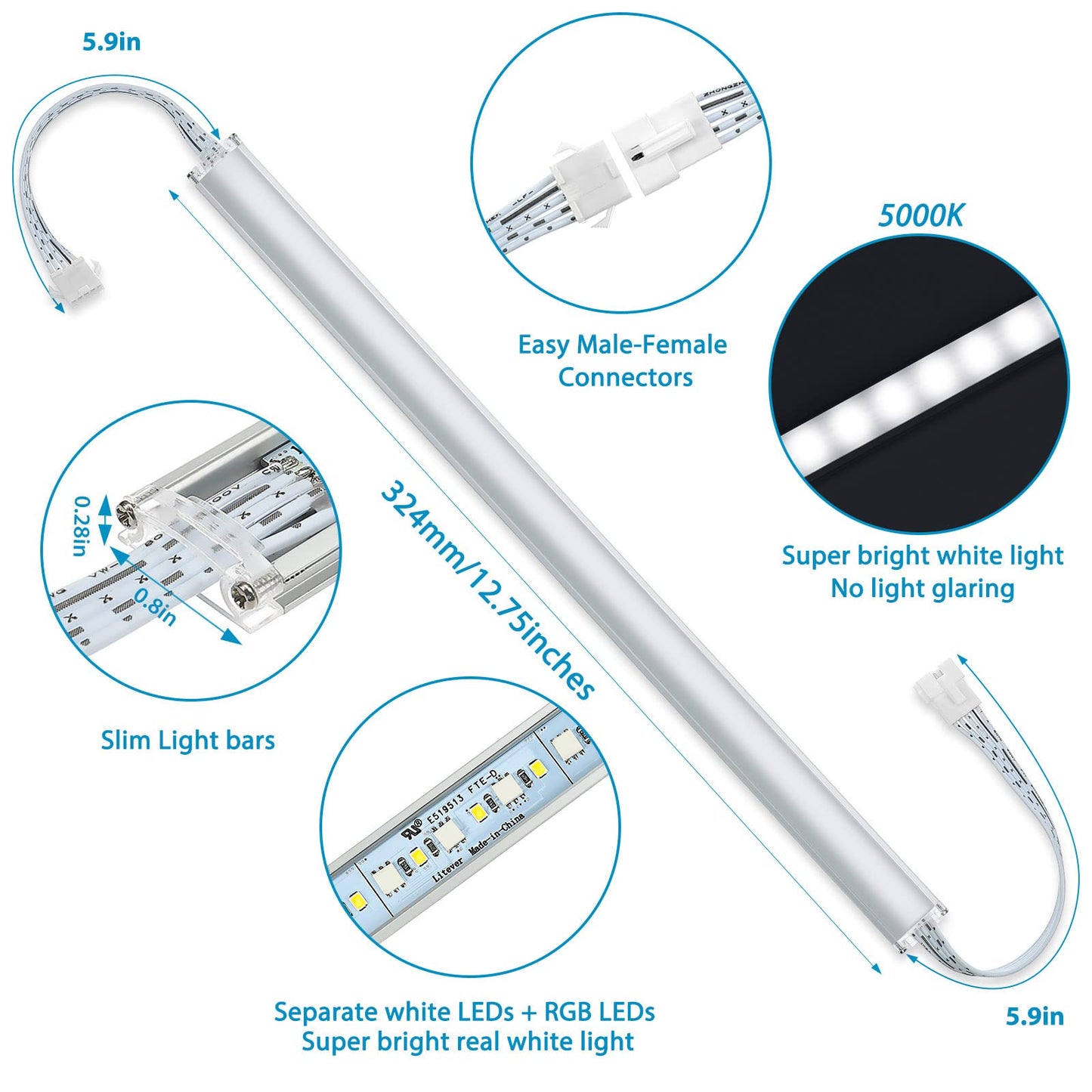 Under Cabinet LED Lights Kit. RGB Color Changing & Super Bright White Lighting. Dimmable with Remote. 6 pcs Linkable LED Light Strips with Power Supply, Extension Cords. Plug in. Max 24W. RGB + 5000K.