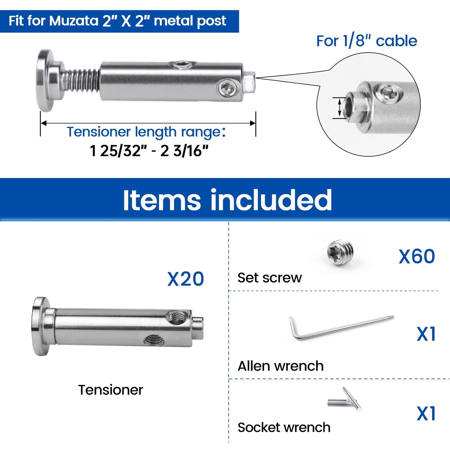 [Patent] Muzata 20 Pack 1/8" Swageless Invisible Cable Railing Kit Hardware Swageless Fittings Tensioner Hidden for 2"x2" Metal Post T316 Stainless Steel Deck Cable Railing System CB04