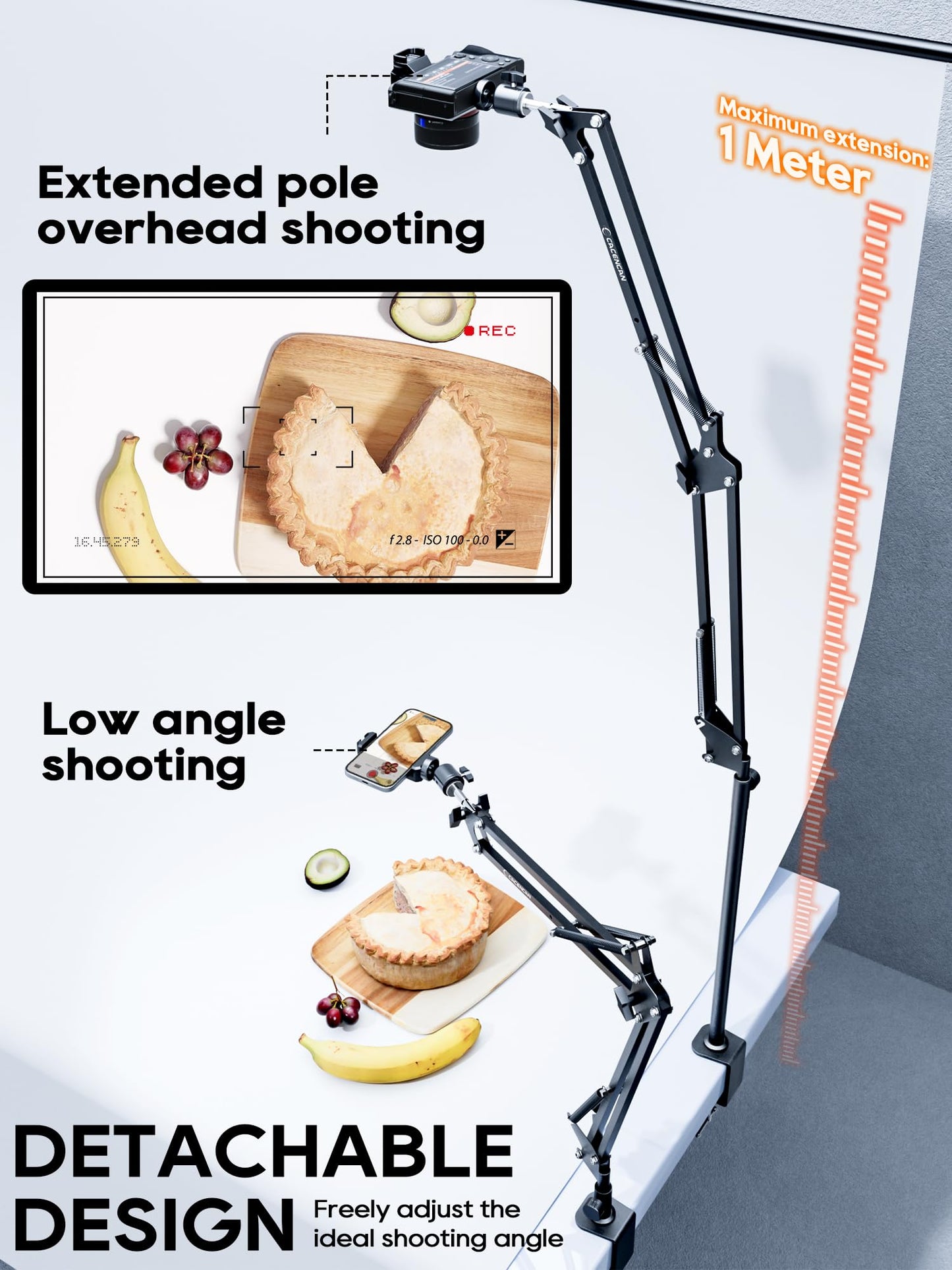 CACENCAN Overhead Camera Mount, 5lb Horizontal Load-Bearing, 360° Adjustable Camera Stand for Desk, Flexible Camera Arm Desk Mount, with Phone Clamp, Tabletop Mount for DSLR Camera/Webcam/Microphone