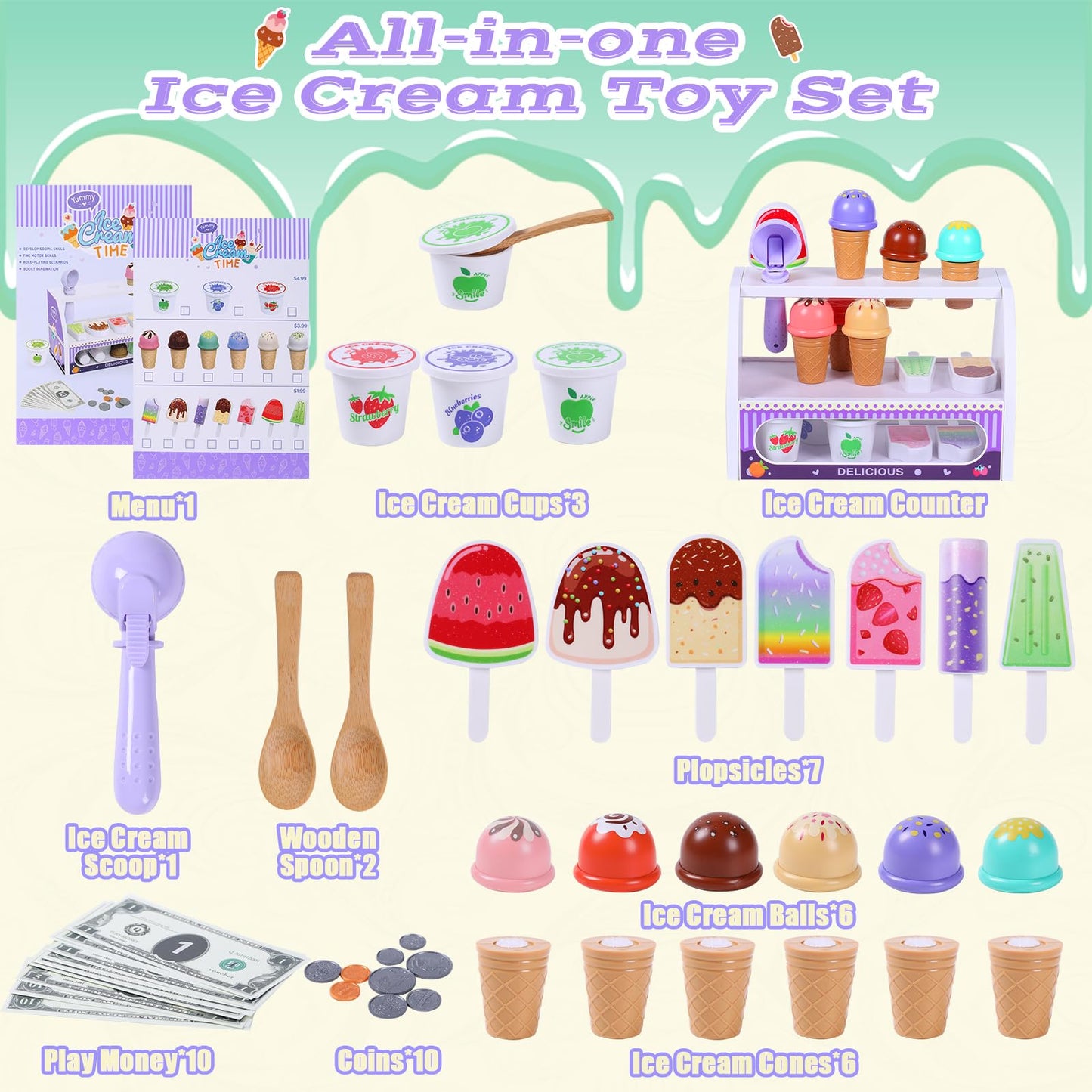 FENYAN - Ice Cream Set, Play Tent for Kids Ages 3-5, Assorted Flavors, Ice Cream Shop with Menu and Fake Money, Preschool Ice Cream Toys for Kids Age 3-8, Gift from
