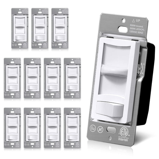 BESTTEN 12 Pack Super Slim Quiet Dimmer Switch for LED, CFL, Halogen and Incandescent Bulbs, Single Pole or 3-Way Slide Dimmable Light Switch, ETL Listed, White