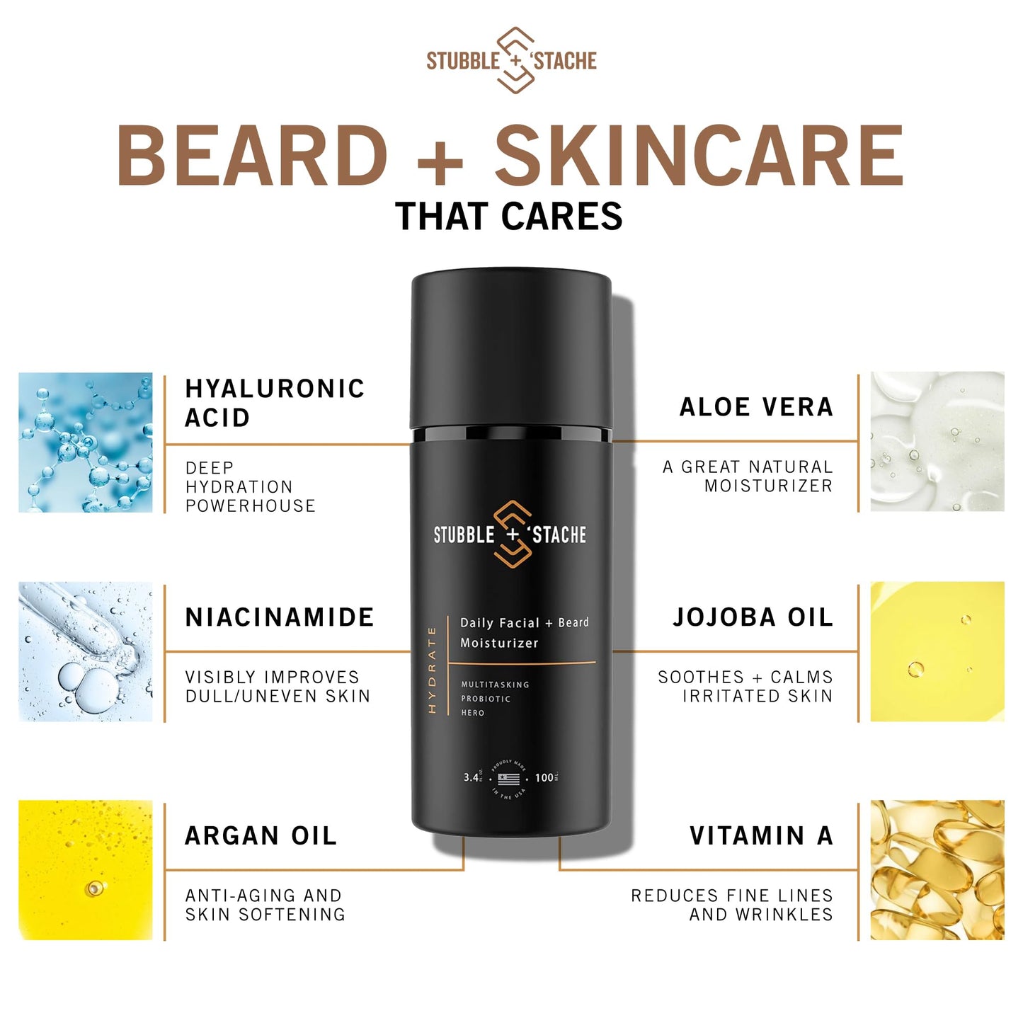 stubble & stache Beard & Face Moisturizer for Men - Hydrating Lotion with Hyaluronic Acid, Niacinamide, Argan Oil, Aloe Vera, Jojoba Oil, & Vitamin A for Dry Skin & Beard Conditioning - 3.4 fl oz