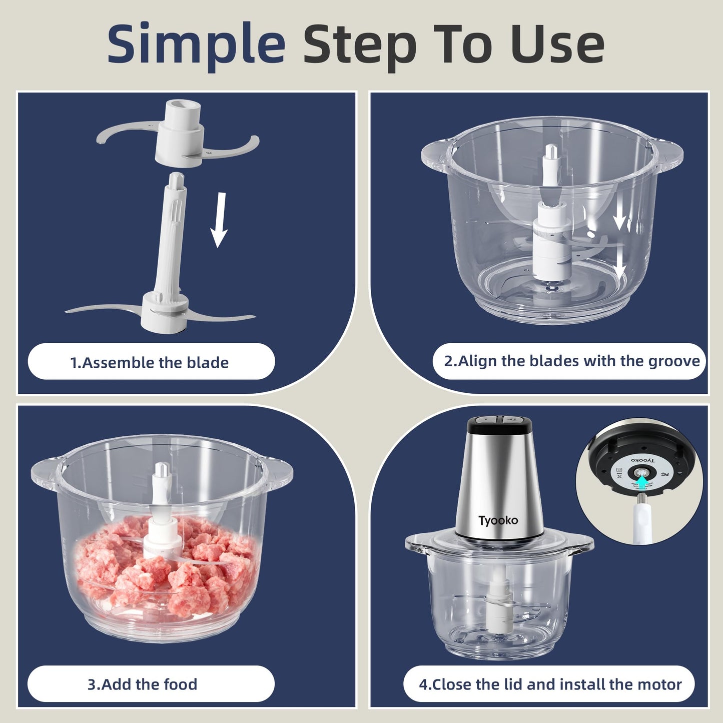 Electric Food Processor Vegetable Chopper, Easy Clean Meat Grinder with 2 Bowls (8 Cup Stainless Steel+8 Cup Glass), Small Food Mixer for Fruits/Meat/Nuts/Fish/Veggie/Pet Food/Baby Food