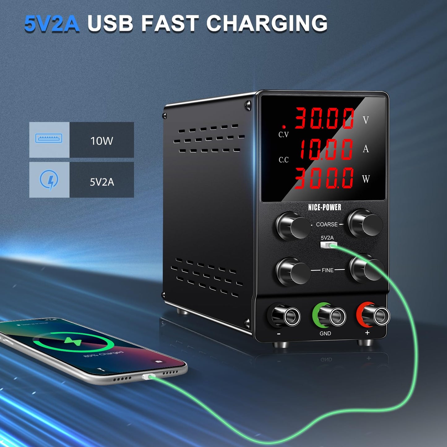 NICE-POWER DC Power Supply Variable: 30V 10A Adjustable Switching Regulated High Precision 4-Digits LED Display 5V/2A USB Port Test Lead Output & Input Power Cord Bench Lab Power Supplies