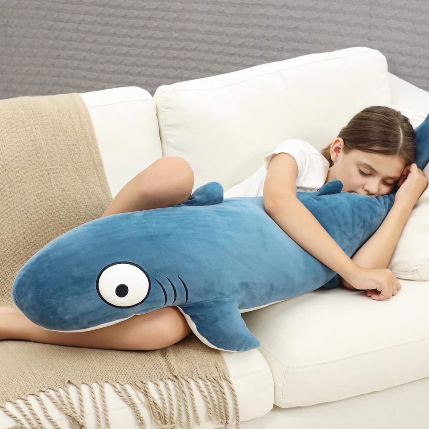 HAIJUNYA 48” Blue Giant Sharks Plush, Large Whale Shark Stuffed Animals, Big Ocean Sea Fish Squishy Body Pillow Soft Plushies Toys, Gifts for Kids Girls Boys, Birthday Easter